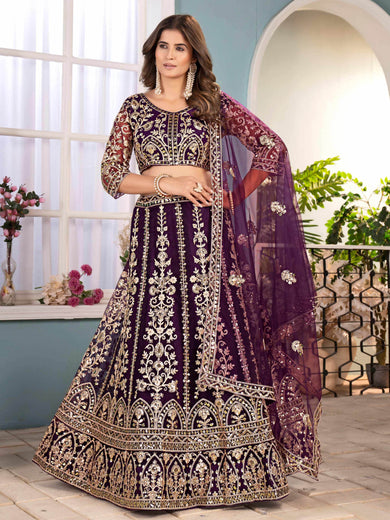 Captivating Wine Net Sequins Embroidered Bridemaids Lehenga Choli